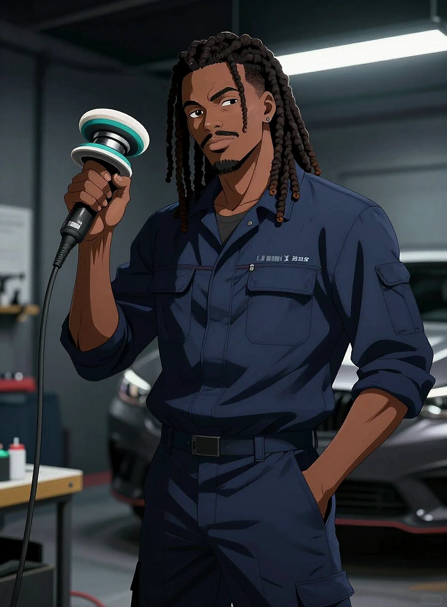 Anime-style Scrapers founder holding a polishing tool