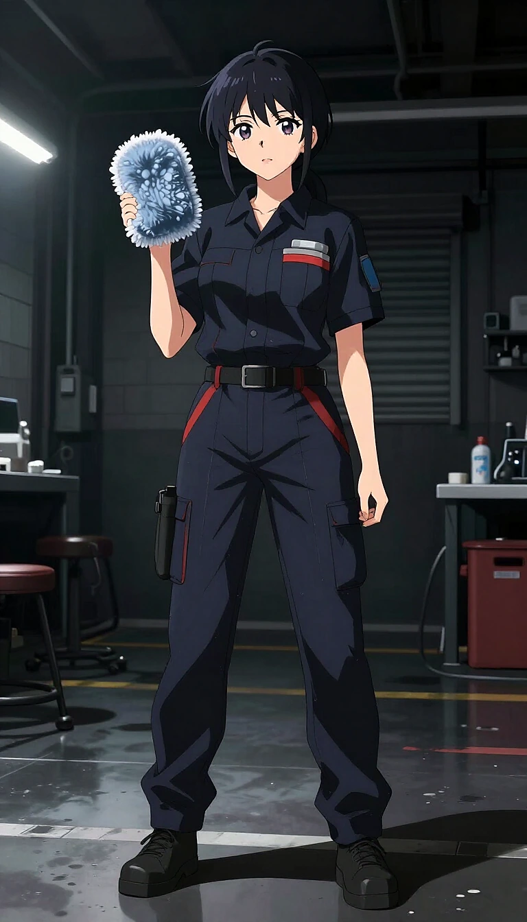 Anime-style Scrapers detailer holding a wash mitt in a detailing bay